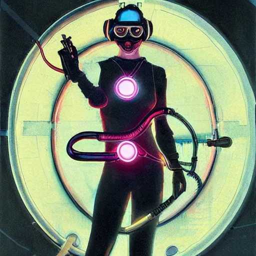 Image similar to cyberpunk woman with glowing goggles, by norman rockwell