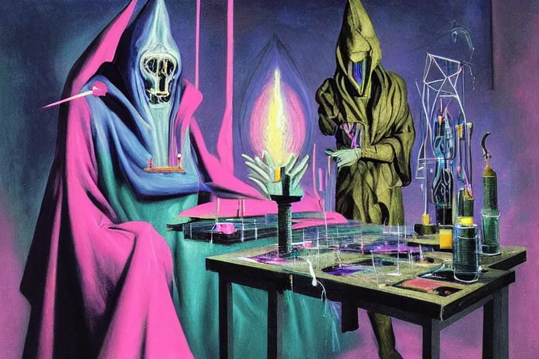 Image similar to a masterpiece painting in the laboratory of a technomancer wizard, in dazzle camouflaged robes, pointed hoods, he discusses sentience with his al djinn by remedios varo and anato finnstark and greg rutkowski and andy warhol and francis picabia. dayglo pink blue, prismatic, pearlescent, raven black, glowing, hyperrealism, trending on artstation