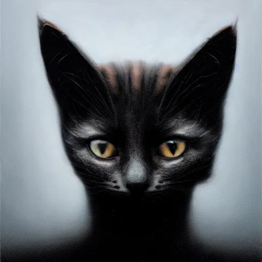 Image similar to a portrait of a kitten wearing a black hood, cloak covering face, anatomically correct, beautiful perfect face, enigmatic, oil painting, matte, black background, Volumetric dynamic lighting, Highly Detailed, Cinematic Lighting, Unreal Engine, 8k, HD, by Beksinski