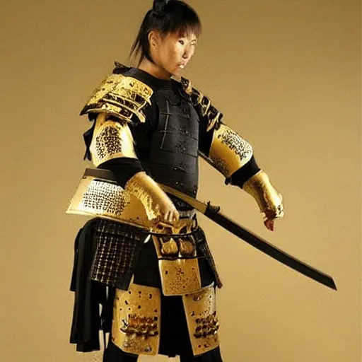 Image similar to a cat wearing realistic complete samurai armor, golden armaments,