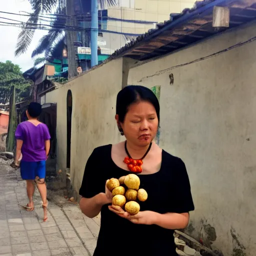 Image similar to Murasaki Shikibu standing on a Filipino sidewalk eating fishballs