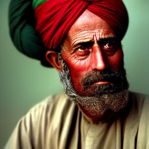 Image similar to portrait of woodrow wilson as afghan man, green eyes and red turban looking intently, photograph by steve mccurry