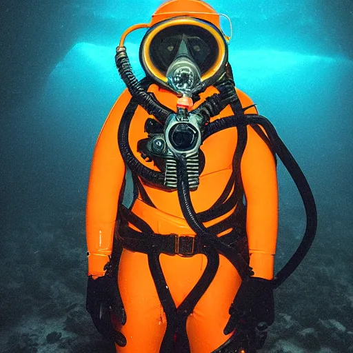 Prompt: ghost scuba diver wearing copper four light, twelve bolt diving helmet, heavy diving gear, emerging from the ocean at night in the style of ghost of captain cutler