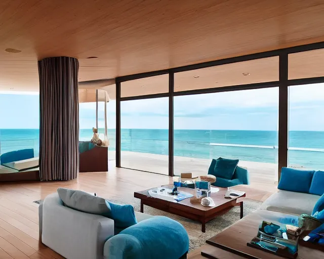 Image similar to A modern living room in a ocean hues style, ocean view, luxurious wooden coffee table, calm, relaxed style, harmony, wide angle shot, 8k resolution