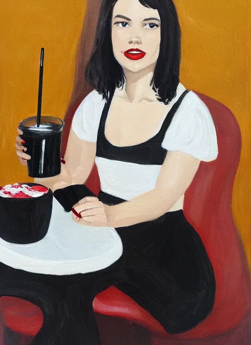 Prompt: a painting of a Daisy Ridley with red lipstick and black bob with fringe, wearing a white shirt, seated at a table, drinking a milkshake with a straw, by A.M. Cassandre, oil painting