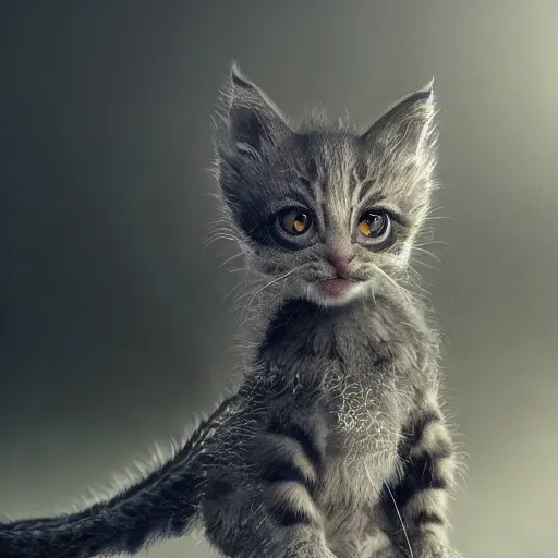 Image similar to full body pose, hyperrealistic photograph of a cute dragon kitten, dim volumetric lighting, 8 k, octane beautifully detailed render, extremely hyper detailed, intricate, epic composition, cinematic lighting, masterpiece, trending on artstation, very very detailed, stunning, hdr, smooth, sharp focus, high resolution, award, winning photo, dslr, 5 0 mm