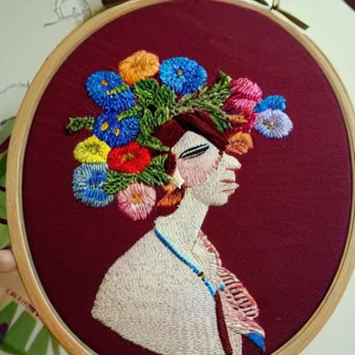 Image similar to a beautiful handmade embroidery of a woman with flowers. hand embroidery.