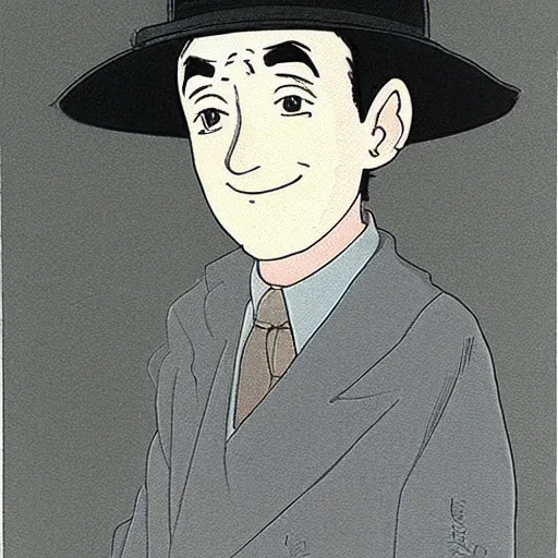 Prompt: high definition portrait of Stan Laurel wearing a hat by Studio Ghibli