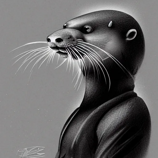 Prompt: anthropomorphic masculine otter in costume, juanjo guarnido, concept art, highly detailed, eddotorial illustration, b & w, noir