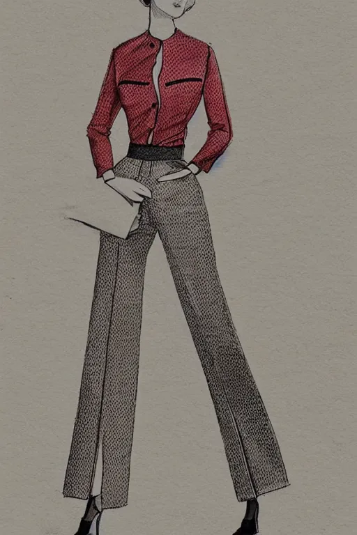 Image similar to a detailed fashion illustration of a midcentury hostess outfit with pants