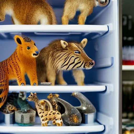 Prompt: a shelf in a refrigerator filled with miniature wild animals, hyper realistic, depth of field