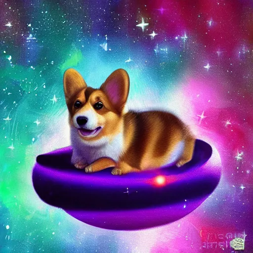 Prompt: corgi puppy floating in space, cosmic, calm, beautiful digital painting