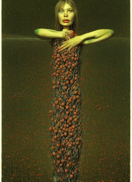 Image similar to She Eats of the Strangling Fruit and Her polyp blossoms bring iridescent fungal flowers whose spores black the foolish stars Edward Hopper and James Gilleard, Zdzislaw Beksinski, Mark Ryden highly detailed