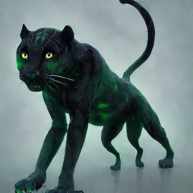 Prompt: a beautiful painting of a cute humanoid dark gray panther. green and black hair. disney character design by cory loftis, fenghua zhong, ryohei hase, ismail inceoglu and ruan jia. artstation, volumetric light, detailed, photorealistic, rendered in octane