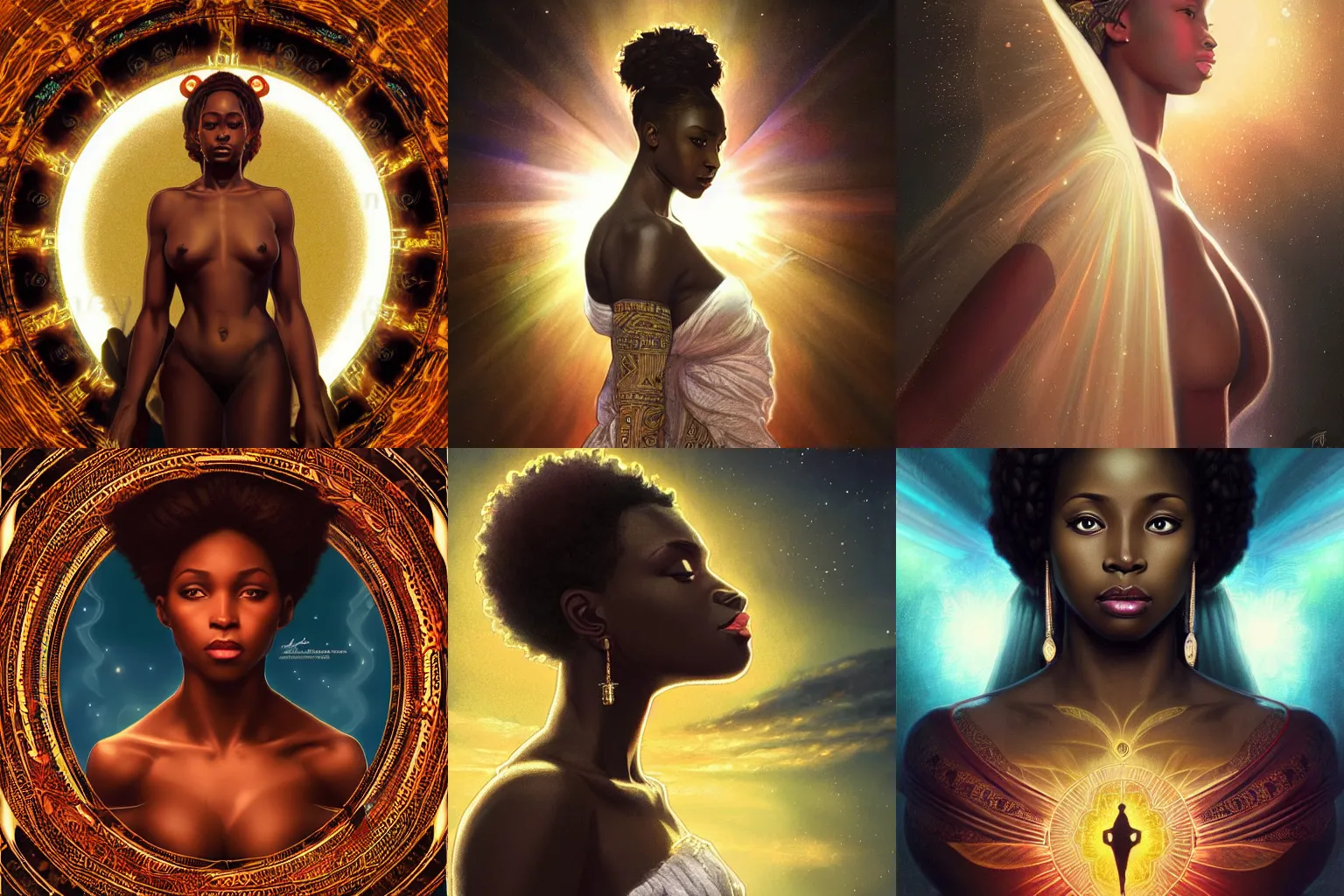 Image similar to black african princess, warm volumetric lighting, cosmic, symmetric, highly detailed, elegant, concept art, heavenly, god rays, glowing aura, intricate, sharp focus, illustration, alexandros pyromallis, bouguereau, rutkowski, artgerm, alphonse mucha