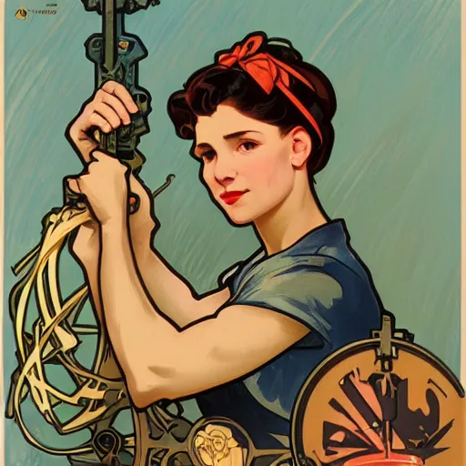 Image similar to a portrait of Rosie the riveter by Alphonse Mucha, art nouveau card, concept art, wlop, trending on artstation, 8k