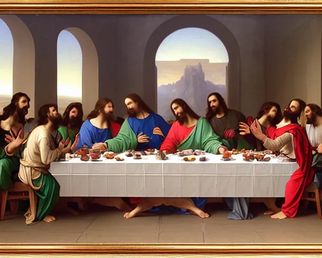 Image similar to beautiful glorious realistic oil painting of the last supper, jesus at center of the frame, baroque style by bouguereau, sunset, highly detailed and photorealistic, 8 k high detail and intricate