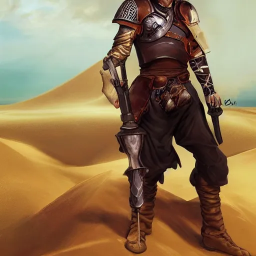 Prompt: a man holding a large blunderbuss. leather armor, no helmet. standing in a sand dune. colorful, bright, fantasy, artgerm, dnd, fantasy, rpg