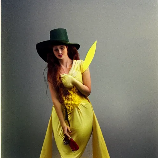 Image similar to elegant woman dressed up as pikachu, art photo by Annie Liebovitz and Alphonse Mucha