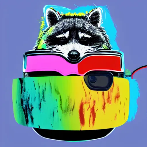 Image similar to illustration of cyberpunk raccoon in vr helmet, colorful splatters, by andy warhol and by zac retz and by kezie demessance