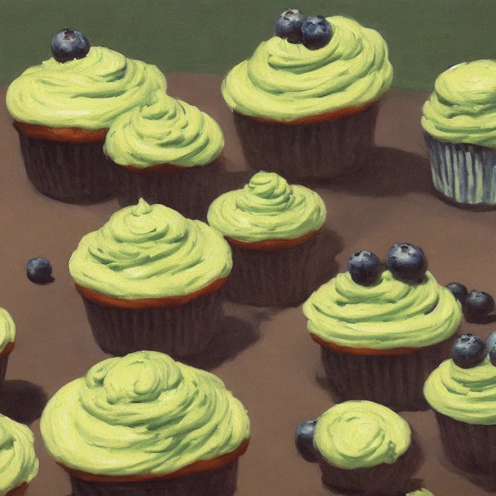 Prompt: a detailed painting study of one blueberry cupcakes with green creme topping by Edward Hopper