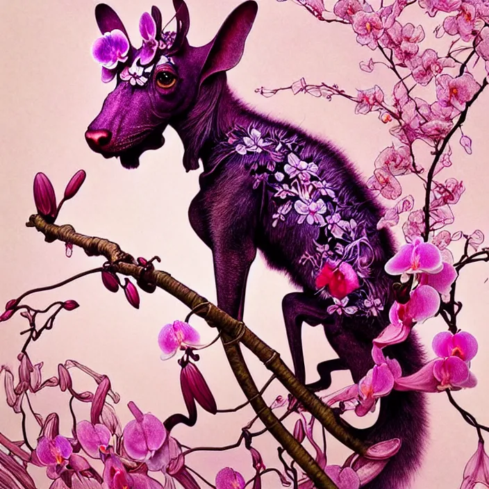 Image similar to psychedelic animal made of orchid and cherry blossom tree, diffuse lighting, fantasy, intricate, elegant, highly detailed, lifelike, photorealistic, digital painting, artstation, illustration, concept art, smooth, sharp focus, art by John Collier and Albert Aublet and Krenz Cushart and Artem Demura and Alphonse Mucha and Giuseppe Arcimboldo