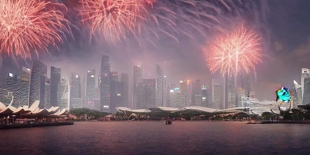 Image similar to Singapore city, Singapore Esplanade, Singapore Marina Bay, with a lion-shaped cloud in the sky and fireworks in the sky, by greg rutkowski, red and white lighting, digital art, ultra realistic, ultra detailed, photorealistic, 4k, character concept