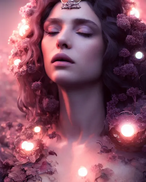 Prompt: beauteous sumptuous dark empress with incredible iridescent pearlescent voluminous hair, photo - realistic crystalline masterpiece incrustations, hyperdetailed kind face, elegant pose, movie still, cinematic forest lighting, intricate accuracy, octane render, cgsociety, artgerm, unreal engine, crepuscular rays, god rays