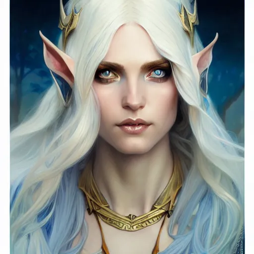 Image similar to half elf sorceress, D&D, blue eyes, blonde hair, fantasy, intricate, elegant, highly detailed, digital painting, artstation, concept art, smooth, sharp focus, illustration, art by artgerm and greg rutkowski and alphonse mucha