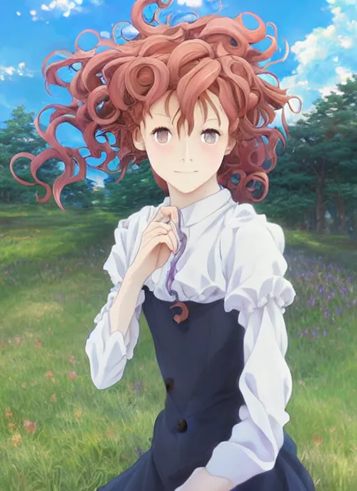 Prompt: Painting of a cottagecore witch with curly strawberry hair in the style of Violet Evergarden, beautiful anime art style, winged eyelashes, countryside, calm, fantasy character portrait, dark outlines, dynamic pose, above view, sunny day, artwork by Makoto Shinkai, very coherent asymmetrical artwork, sharp edges, perfect face, simple form, 100mm