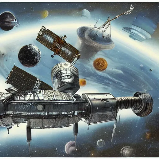 Image similar to a space station made from metal , guitars and meat on the background of deep space, matte painting with photorealistic elements pasted in, high contrast, could be art by Dali