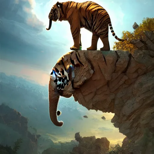 Image similar to tiger elephant leaping through the sky, winged, epic composition, hyper detailed, digital art, trending in artstation, cinematic lighting, studio quality, unreal engine 5 rendered, art style by klimt and nixeu and ian sprigger and wlop and krenz cushart