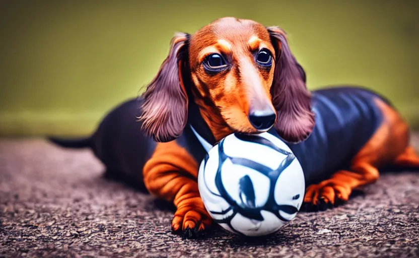 Prompt: happy dachshund catching a ball, detailed fur, soft, suit, suitcase, business outfit, photography, animal portrait