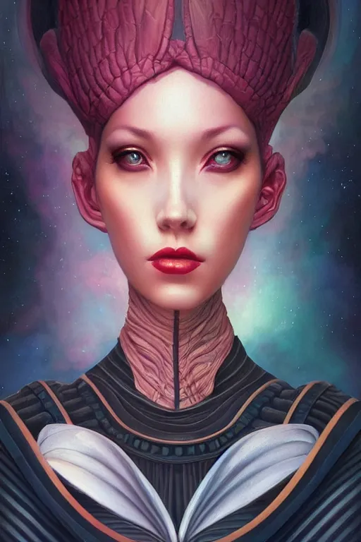 Image similar to portrait of an elegant alien bee woman queen, straight on portrait, by artgerm, tom bagshaw, gerald brom, vaporwave colors, lo - fi colors, vaporwave, lo - fi, moody vibe, goth vibe, full body,