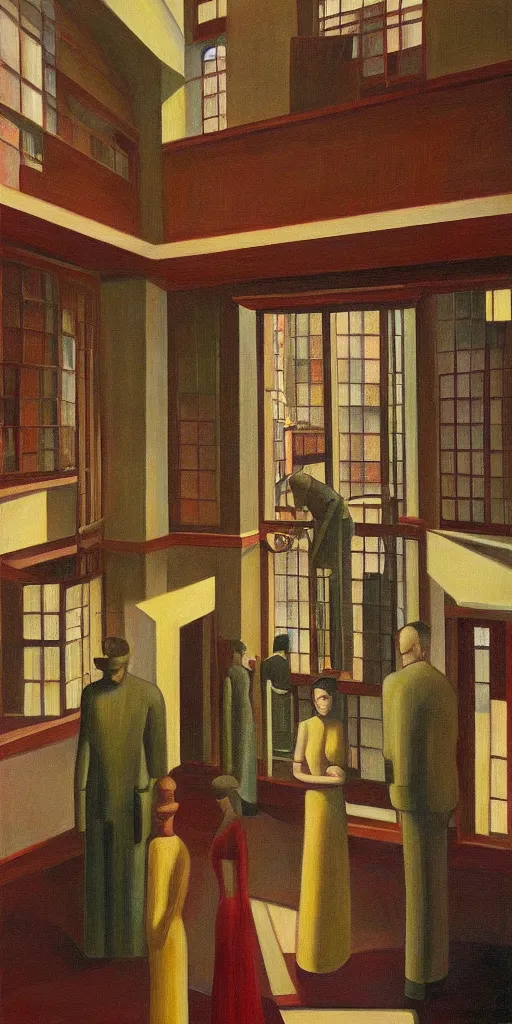 Image similar to grandiose atrium, grant wood, pj crook, edward hopper, oil on canvas