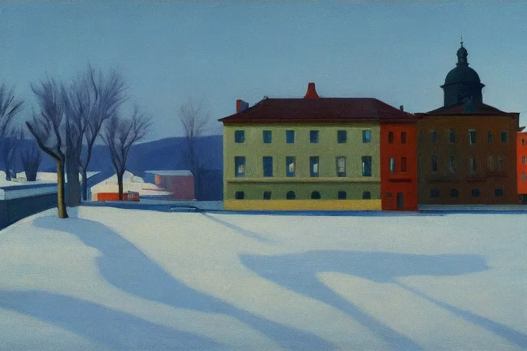 Prompt: an edward hopper style painting of a ( ( ( ( ( ( ( ( miskolc, is a city in northeastern hungary ) ) ) ) ) ) ) ), late - winter, february of 1 9 4 8