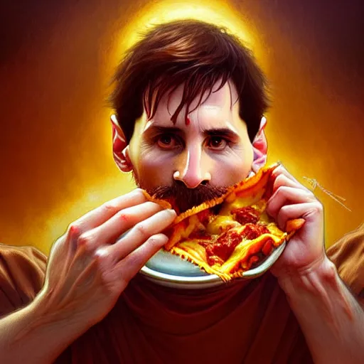 Image similar to Messi eating lasagna, closeup, D&D, fantasy, intricate, elegant, highly detailed, digital painting, artstation, concept art, matte, sharp focus, illustration, art by Artgerm and Greg Rutkowski and Alphonse Mucha