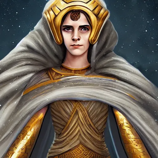 Image similar to Emma Watson as ancient greek woman in golden helmet, giant grey-haired bearded male face in the sky, epic fantasy style art, fantasy epic digital art