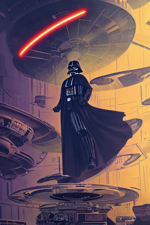 Image similar to darth vader dj standing on a giant science fiction turntable at a rave on the deathstar, syd mead, dynamic lighting, digital art, winning award masterpiece, fantastically beautiful, illustration, dan mumford, moebius, trending on artstation, 8 k