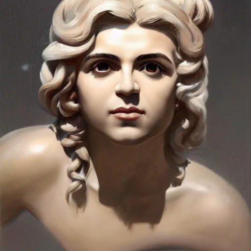 Image similar to a face portrait of electra heart as statue of david, fantasy setting, stone face, dim colors, soft lighting, atmospheric, cinematic, moody, in the style of diego koi, gina heyer, luiz escanuela, art by alyssa monk, hyperrealism, rule of thirds, golden ratio, oil on canvas