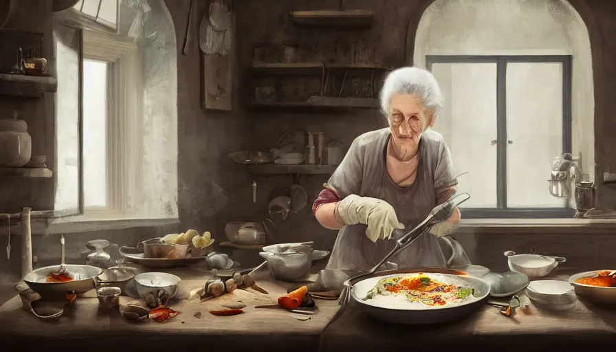 Image similar to old eastern lady cooking in her old 1 8 0 0's kitchen, pan and plates, hyperdetailed, artstation, cgsociety, 8 k