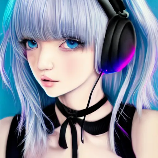 Image similar to realistic detailed semirealism beautiful gorgeous natural cute excited happy Blackpink Lalisa Manoban white hair white cat ears blue eyes, wearing black camisole outfit, headphones, black leather choker artwork drawn full HD 4K high resolution quality artstyle professional artists WLOP, Aztodio, Taejune Kim, Guweiz, Pixiv, Instagram, Artstation