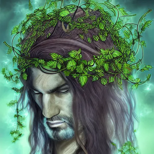 Image similar to male druid with vines as hair flower in his hair detailed fantasy digital art