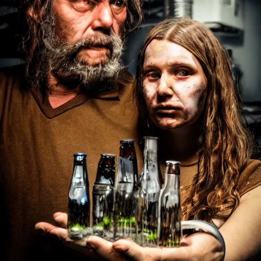 Image similar to a photo portrait of a dirty hobo creating a robogirl from the empty beer bottles and cardboard boxes. symmetry, awesome exposition, very detailed, highly accurate, professional lighting diffracted lightrays, 8 k, sense of awe