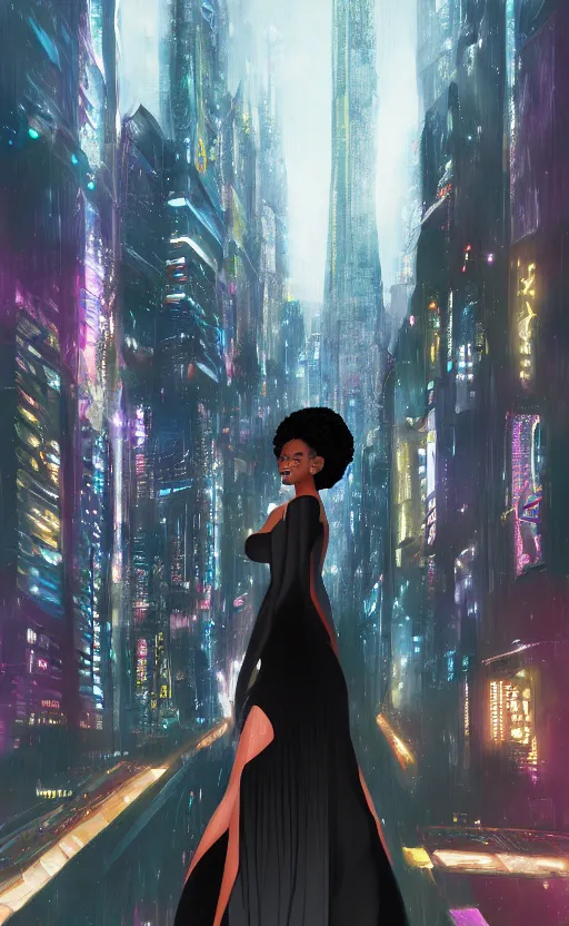 Prompt: a beautiful Black woman wearing a cocktail dress, with long hair, in a futuristic blade runner city, illustration art by Sam Yang, 8K