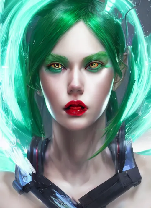 Image similar to cyberpunk woman with green hair wearing futuristic clothes and a red plaid miniskirt, beautiful face, character portrait, by wlop, by artgerm, by yoshitaka amano, digital art, matte art, octane render, lineart, pop art