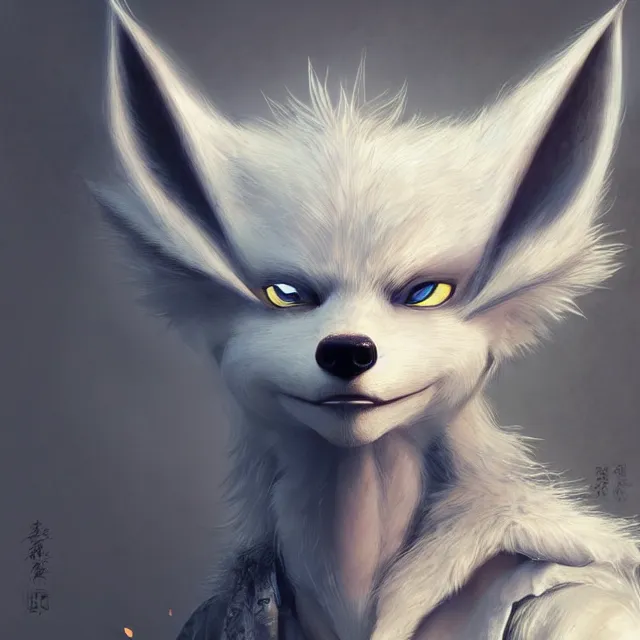 Image similar to a beautiful portrait of a cute anthropomorphic humanoid white wolf fursona. big eyes. character design by cory loftis fenghua zhong ryohei hase isma