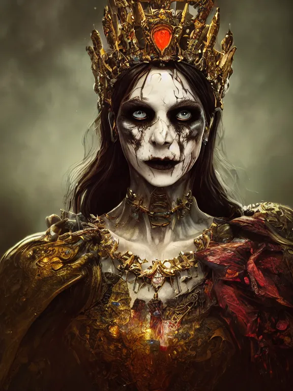 Prompt: portrait art of undead queen 8k ultra realistic, atmosphere, glow, detailed,intricate, full of colour, cinematic lighting, trending on artstation, 4k, hyperrealistic, focused, extreme details,unreal engine 5, cinematic, masterpiece