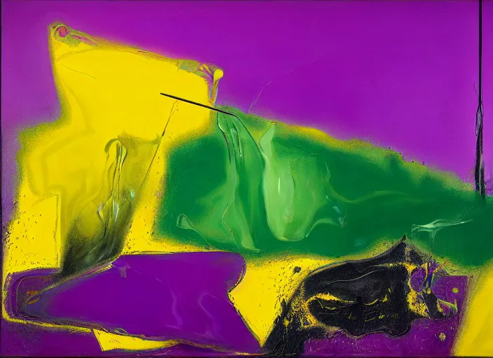 Image similar to abstract painting in purple, yellow, dark green, by hernan bas and pat steir and hilma af klint, psychological, photorealistic, dripping paint, washy brush, oil on canvas, rendered in octane, altermodern, masterpiece