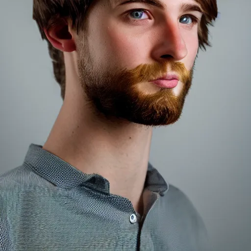 Image similar to portrait of a 2 1 year old german - irish man with long face, long brown hair, strong chin, grey eyes, clean shaven